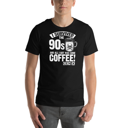 Model wearing the black I Survived the '90s Gen X Coffee Tee, showing the front fit and skull coffee mug graphic.