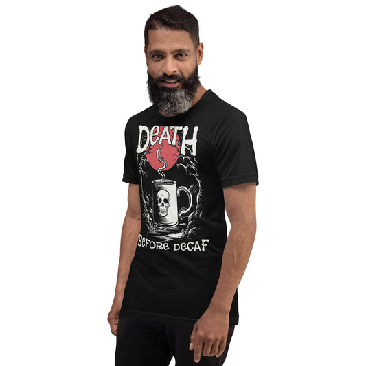 Model wearing the black Death Before Decaf Skull Mug Coffee Tee