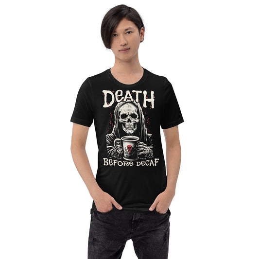 Model wearing the black Death Before Decaf Reaper Coffee T-shirt