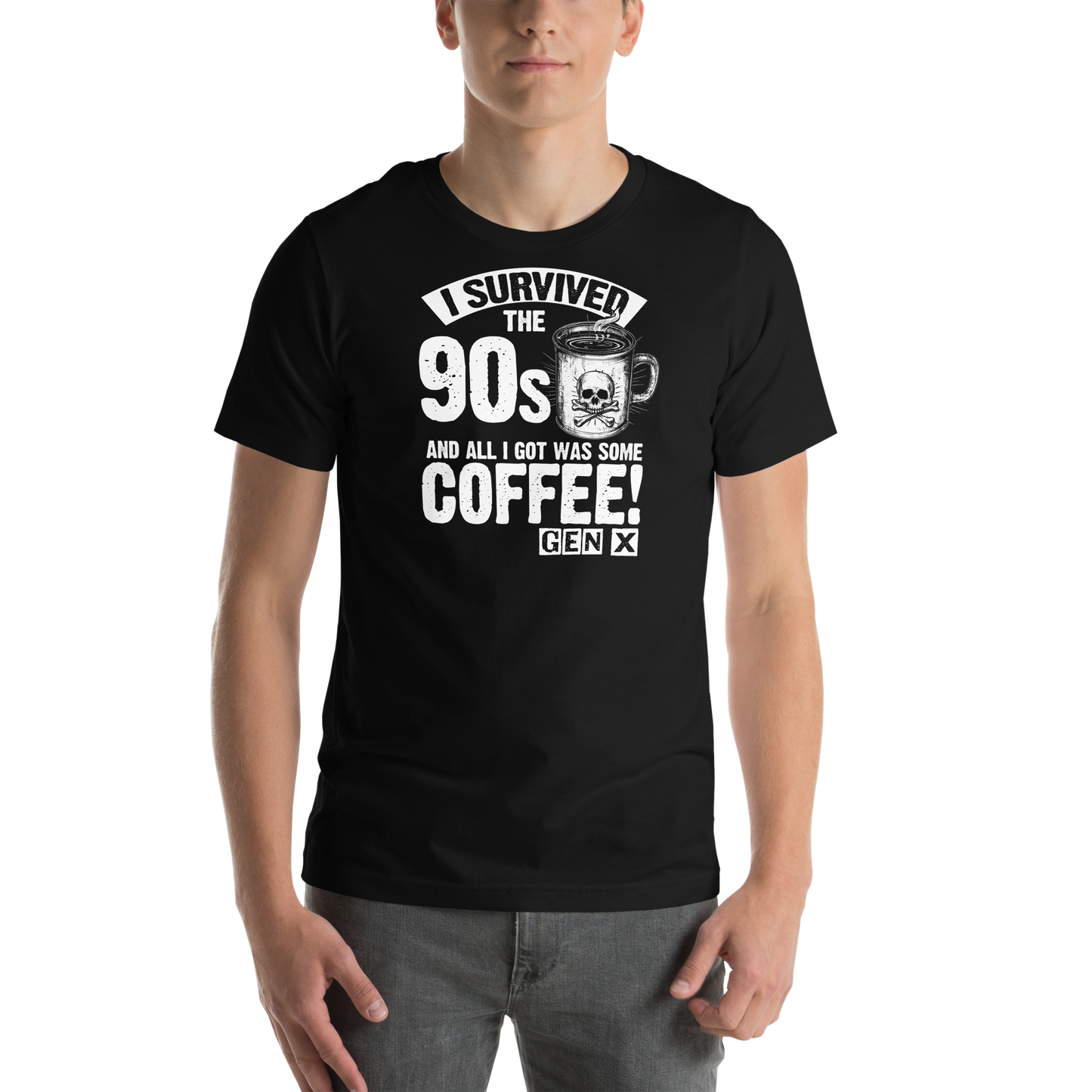 Model wearing the black I Survived the '90s Gen X Coffee Tee, showing the front fit and skull coffee mug graphic.