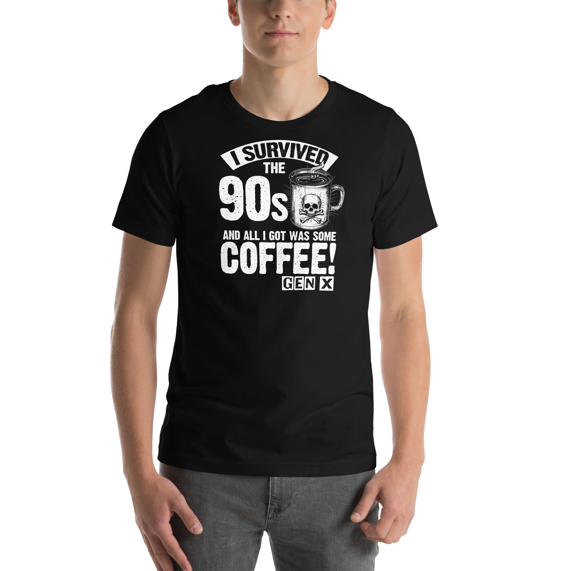 Model wearing the black I Survived the '90s Gen X Coffee Tee, showing the front fit and skull coffee mug graphic.