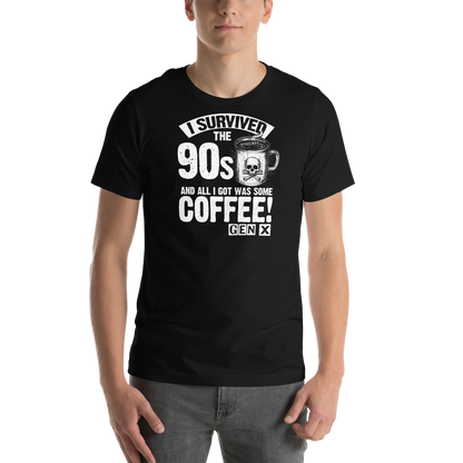 Model wearing the black I Survived the '90s Gen X Coffee Tee, showing the front fit and skull coffee mug graphic.
