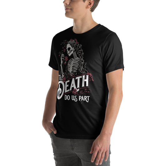 Model wearing the black Till Death Do Us Part Skeleton Bride Tee, showing the unisex fit.